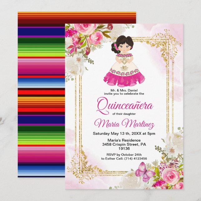 Invitación Vestido blanco y rosa Chica mexicano Quinceanera 1 (Anverso / Reverso)