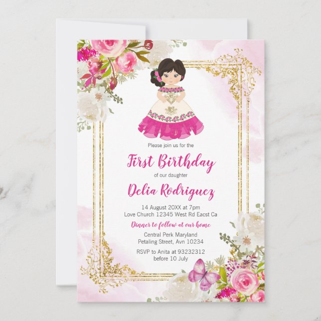 Invitación Vestido Blanco y Rosa Niña Mexicana Cumpleaños 1 (Anverso)