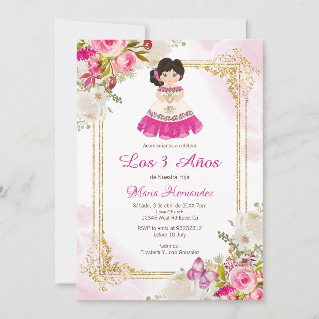 Invitación Vestido blanco y rosado Chica mexicano tercer cump (Anverso)