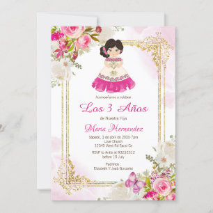 Invitación Vestido blanco y rosado Chica mexicano tercer cump
