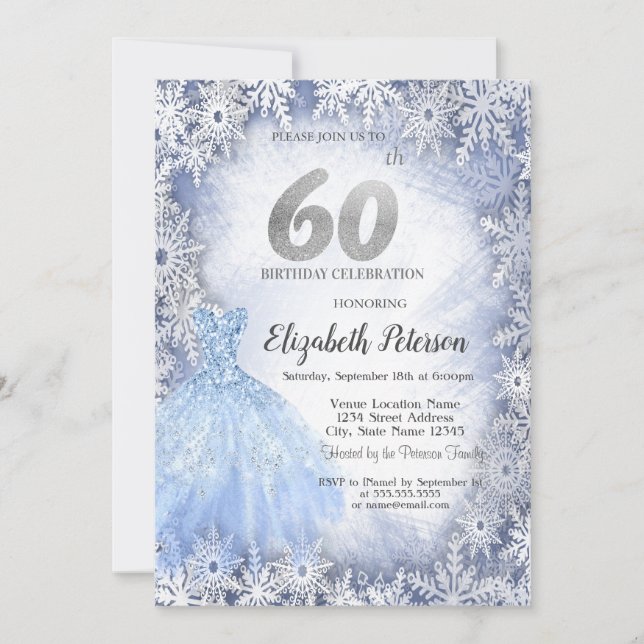 Invitación Vestido Blue Snowflakes Invierno 60 cumpleaños (Anverso)