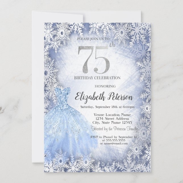 Invitación Vestido Blue Snowflakes Invierno 75 cumpleaños (Anverso)