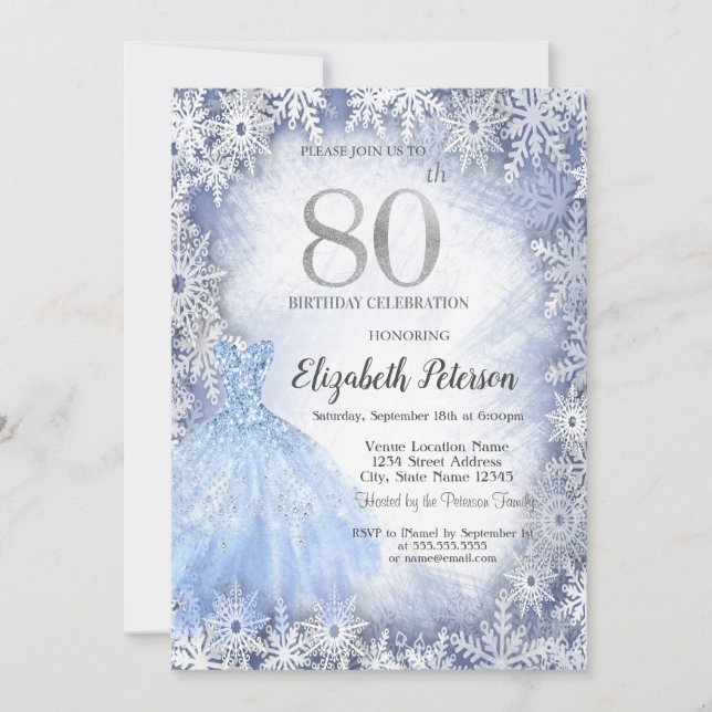 Invitación Vestido Blue Snowflakes Invierno 80 cumpleaños (Anverso)