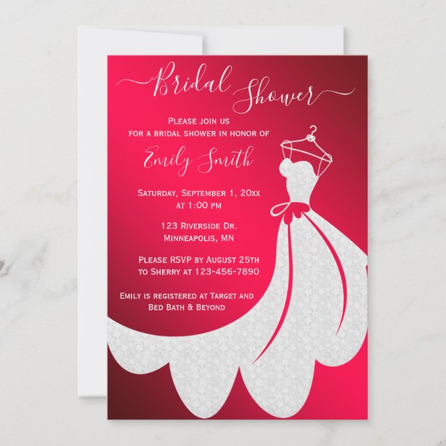 Invitación Vestido Boda blanco en ducha de novia roja (Anverso)
