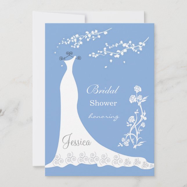 Invitación Vestido boda blanco, florece en la ducha azul de l (Anverso)