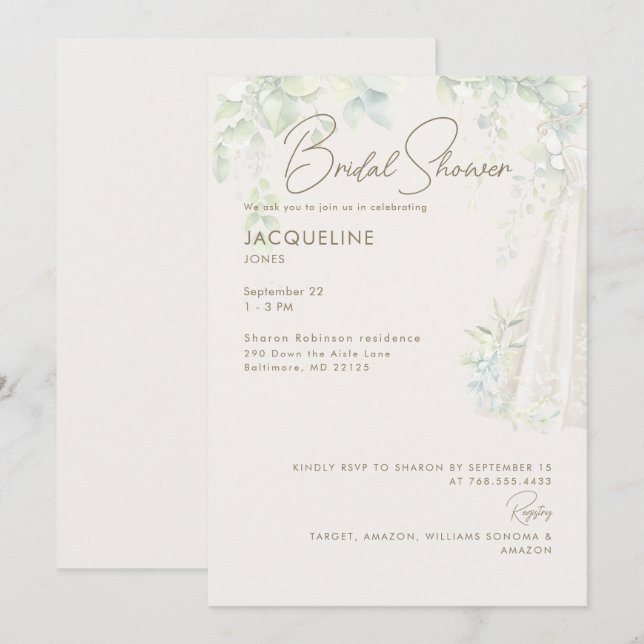 Invitación Vestido Boda Botánico de Marfil Ducha Nodal (Anverso / Reverso)