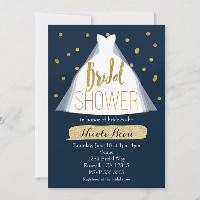 Invitación Vestido Boda con ducha de novia azul y dorada (Anverso)
