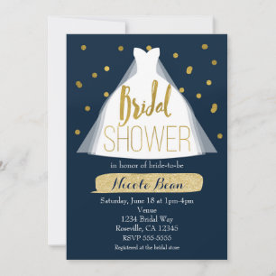 Invitación Vestido Boda con ducha de novia azul y dorada