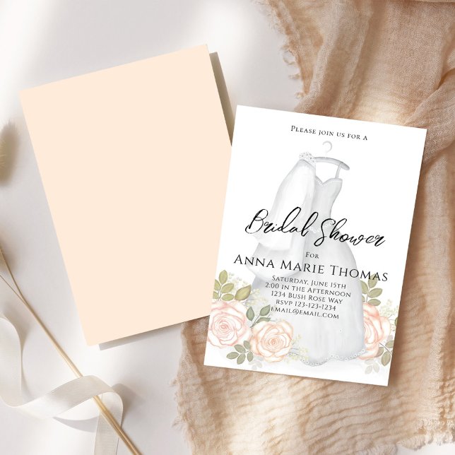 Invitación Vestido Boda de ducha de novia elegante Rubor Flor (Bridal shower elegant wedding gown calligraphy script invitations.)