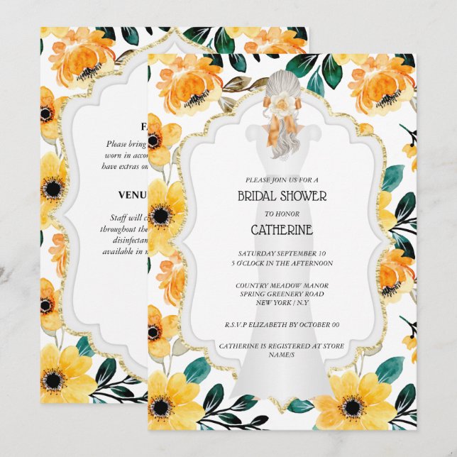 Invitación Vestido boda dorado amarillo verde novia gris (Anverso / Reverso)