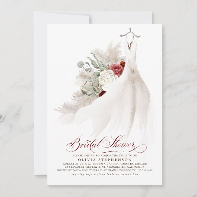 Invitación Vestido boda Floral Pampas Ducha de Novias Grasas (Anverso)