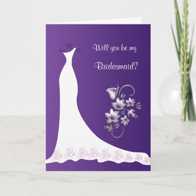 Invitación vestido boda mariposa florida morada Bridesmaid (Anverso)