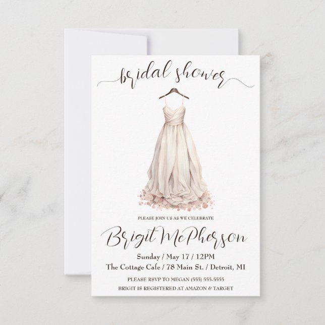 Invitación Vestido Boda rosa, vestido de novia, ducha de novi (Anverso)