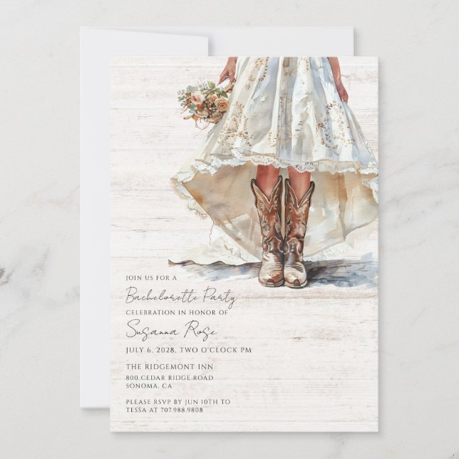 Invitación Vestido boda Vaca Boots Bachelorette Party (Anverso)