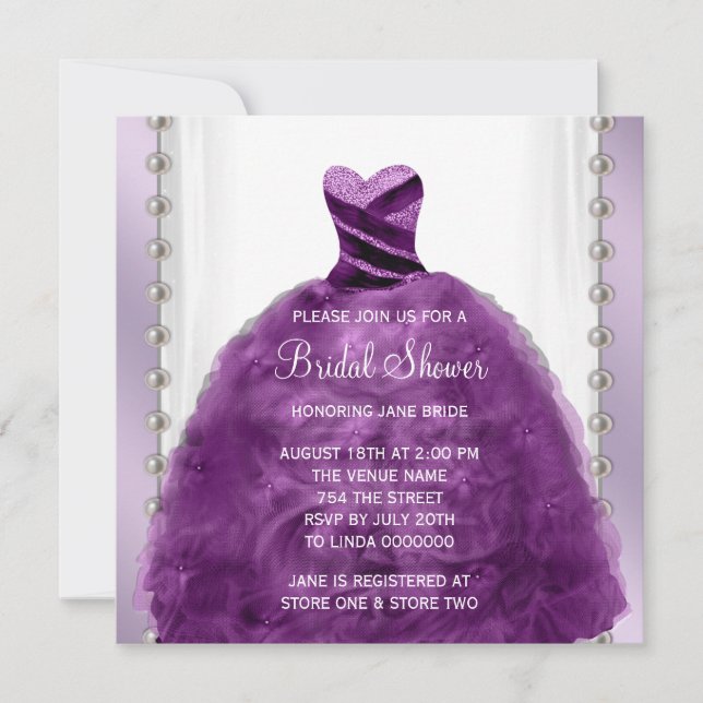 Invitación Vestido boda y ducha marrón de perlas Plum Morple  (Anverso)