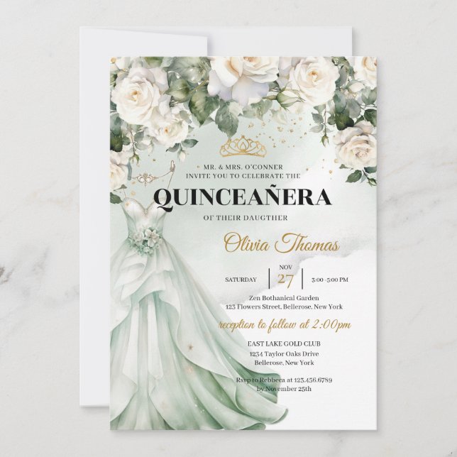 Invitación Vestido boho sabio y verde de rosas blancas y oro (Anverso)