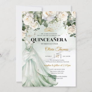 Invitación Vestido boho sabio y verde de rosas blancas y oro