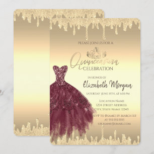 Invitación Vestido Borgoña, Brillos Goteando Quinceañera Dora