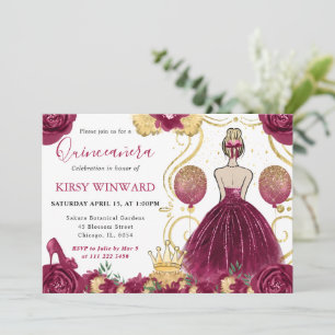 Invitación Vestido Borgoña Cabello Rubio Princesa Quinceañera