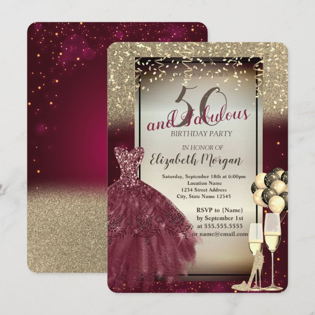 Invitación Vestido Borgoña,Globos, Cumpleaños 50 Dorado  (Anverso / Reverso)