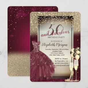 Invitación Vestido Borgoña,Globos, Cumpleaños 50 Dorado