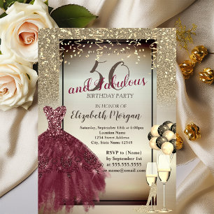 Invitación Vestido Borgoña,Globos,Festejo de 50 Cumpleaños