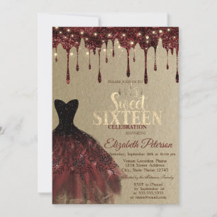 Invitación Vestido Borgoña, Luces de Brillo Gotean Kraft Dulc