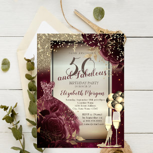 Invitación Vestido Borgoña, Rosas, Globos, Cumpleaños 50 Dora