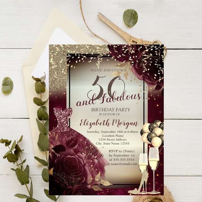 Invitación Vestido Borgoña, Rosas, Globos, Cumpleaños 50 Dora (Subido por el creador)