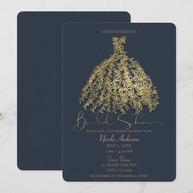 Invitación Vestido Botánico Azul Dorado y Rústico para Bridal (Anverso / Reverso)
