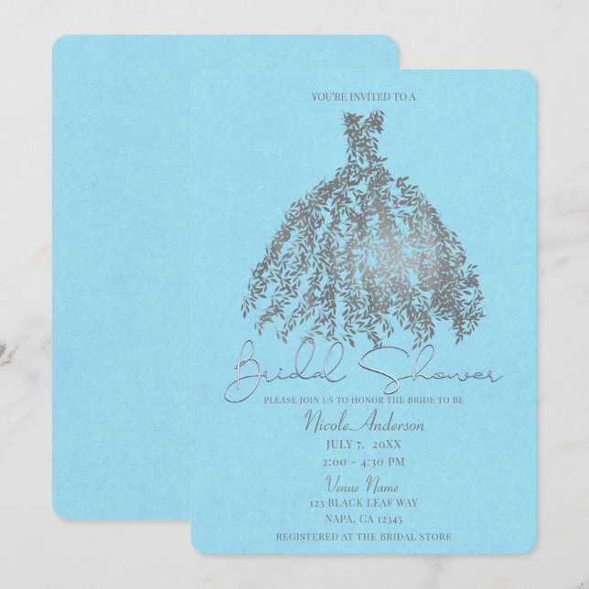 Invitación Vestido Botánico de Azul Claro y Plata para Bridal (Anverso / Reverso)