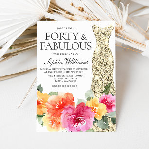 Invitación Vestido botánico de oro floral 40 Fiesta de cumple