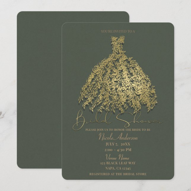 Invitación Vestido Botánico Dorado y Verde Rústico para Brida (Anverso / Reverso)