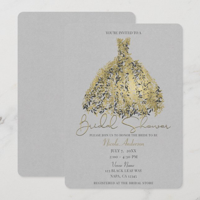 Invitación Vestido Botánico Gris Natural y Dorado para Bridal (Anverso / Reverso)