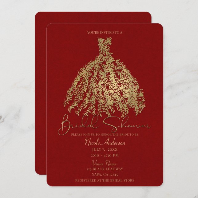 Invitación Vestido Botánico Rojo Dorado y Rústico para Boda B (Anverso / Reverso)