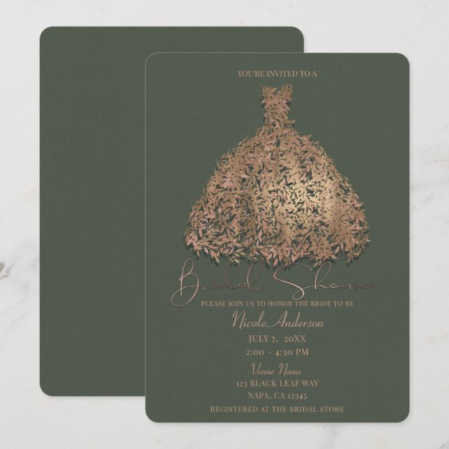 Invitación Vestido Botánico Verde Dorado Rosa para Fiesta de  (Anverso / Reverso)