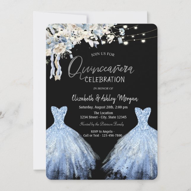 Invitación Vestido Brillante Azul Flores Boho (Anverso)