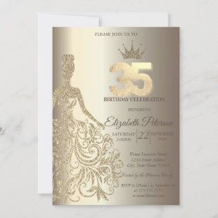 Invitación Vestido Brillante, Champán Diamantes Cumpleaños 35