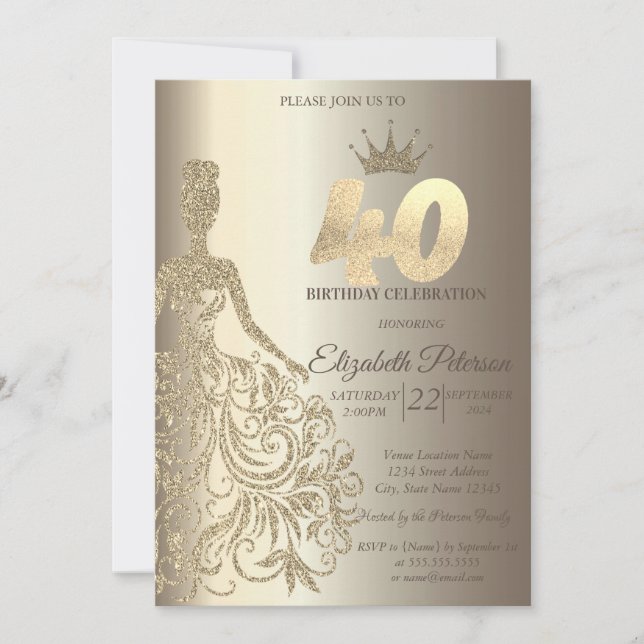 Invitación Vestido Brillante, Champán Diamantes Cumpleaños 40 (Anverso)