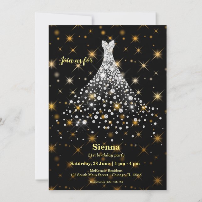 Invitación Vestido brillante de diamantes (Anverso)