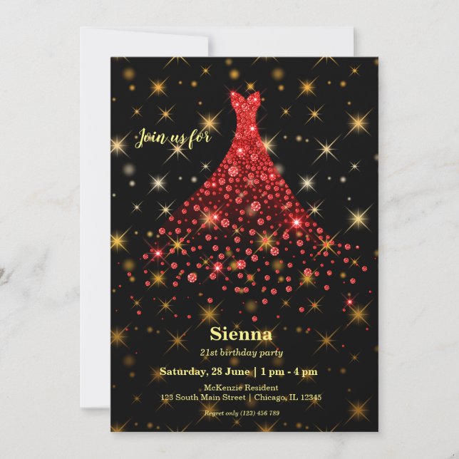 Invitación Vestido brillante de diamantes (Anverso)