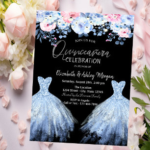 Invitación Vestido Brillante Flores Azules Rosadas
