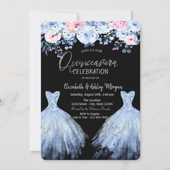 Invitación Vestido Brillante Flores Azules Rosadas (Anverso)