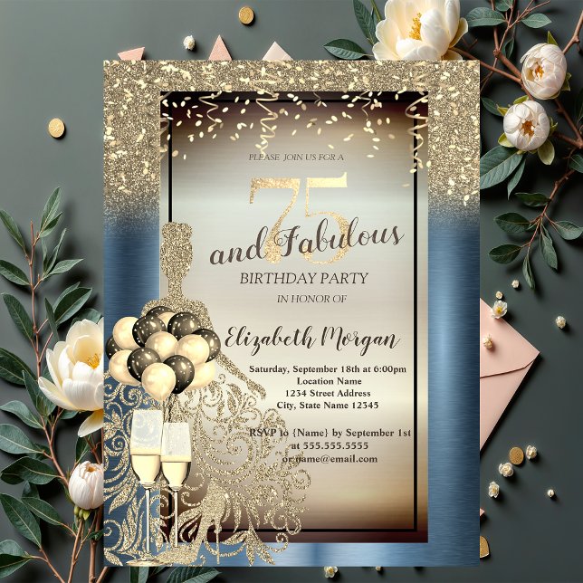 Invitación Vestido Brillante,Globos,Cumpleaños 75 Azul Metáli (Subido por el creador)