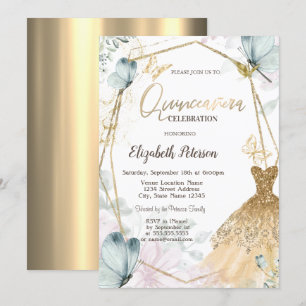 Invitación Vestido Brillante Mariposas Azules Marco Dorado