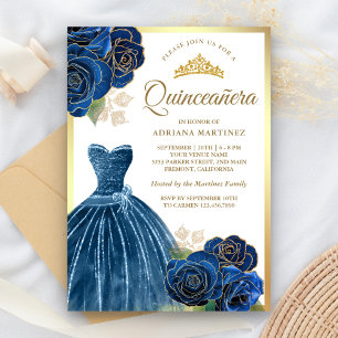 Invitación Vestido Brillante Rosas Azules Navales de Quinceañ