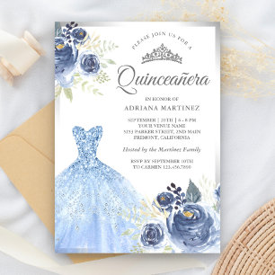 Invitación Vestido Brillante Rosas Azules Suaves Quinceañera 
