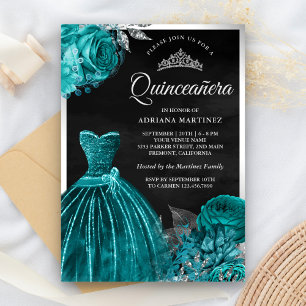 Invitación Vestido Brillante Rosas Turquesa Quinceañera Negro