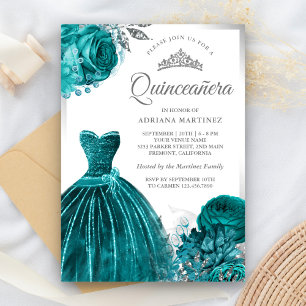 Invitación Vestido Brillante Rosas Turquesa Quinceañera Plate