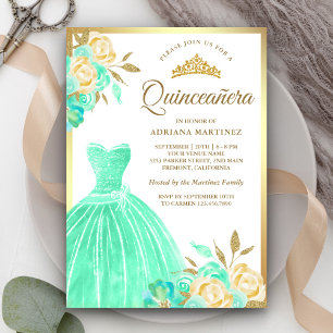 Invitación Vestido Brillante Verde Menta Floral Dorado Quince